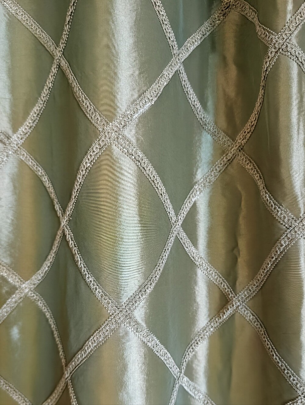 Custom Curtain Panels (2) Green Satin 100W x 87L Cotton Lined Tie Backs Tassel - Picture 8 of 14